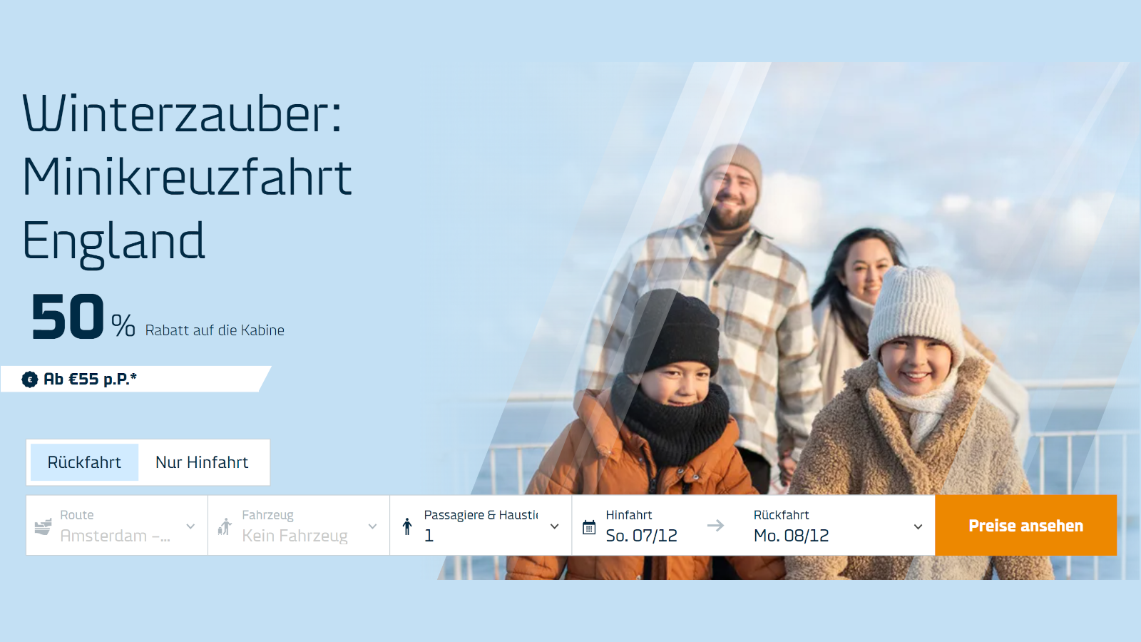 DFDS vintererbjudande med 50% rabatt på minikryssningen från Amsterdam till Newcastle.