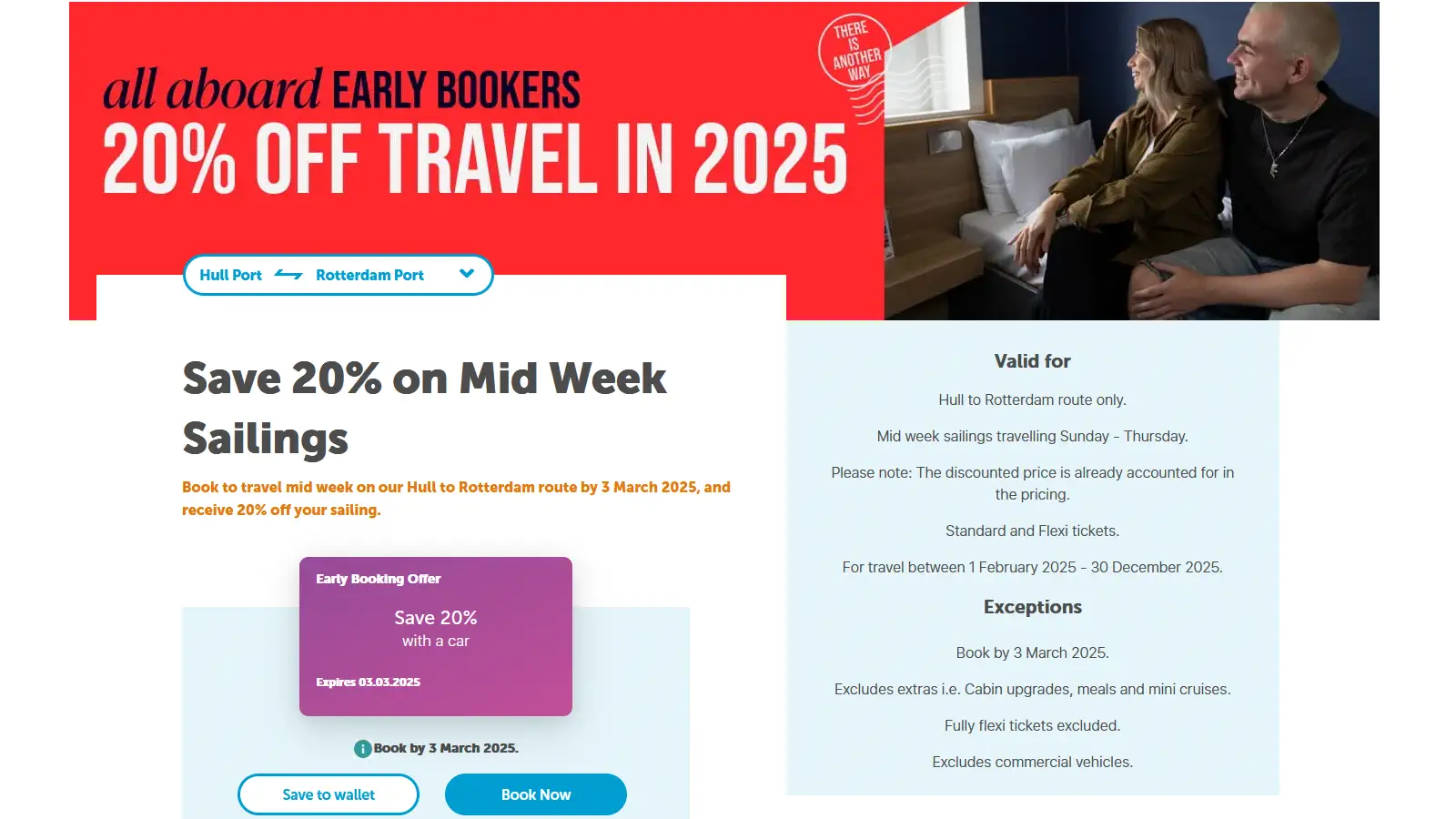 P&O Ferries erbjudanden för tidig bokning med upp till 20% rabatt.